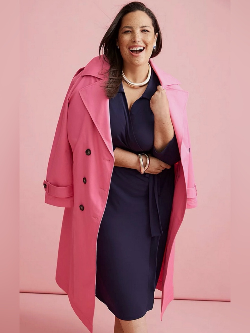 Lane Bryant trench coat pink double breasted belted collared feminine fall 20
